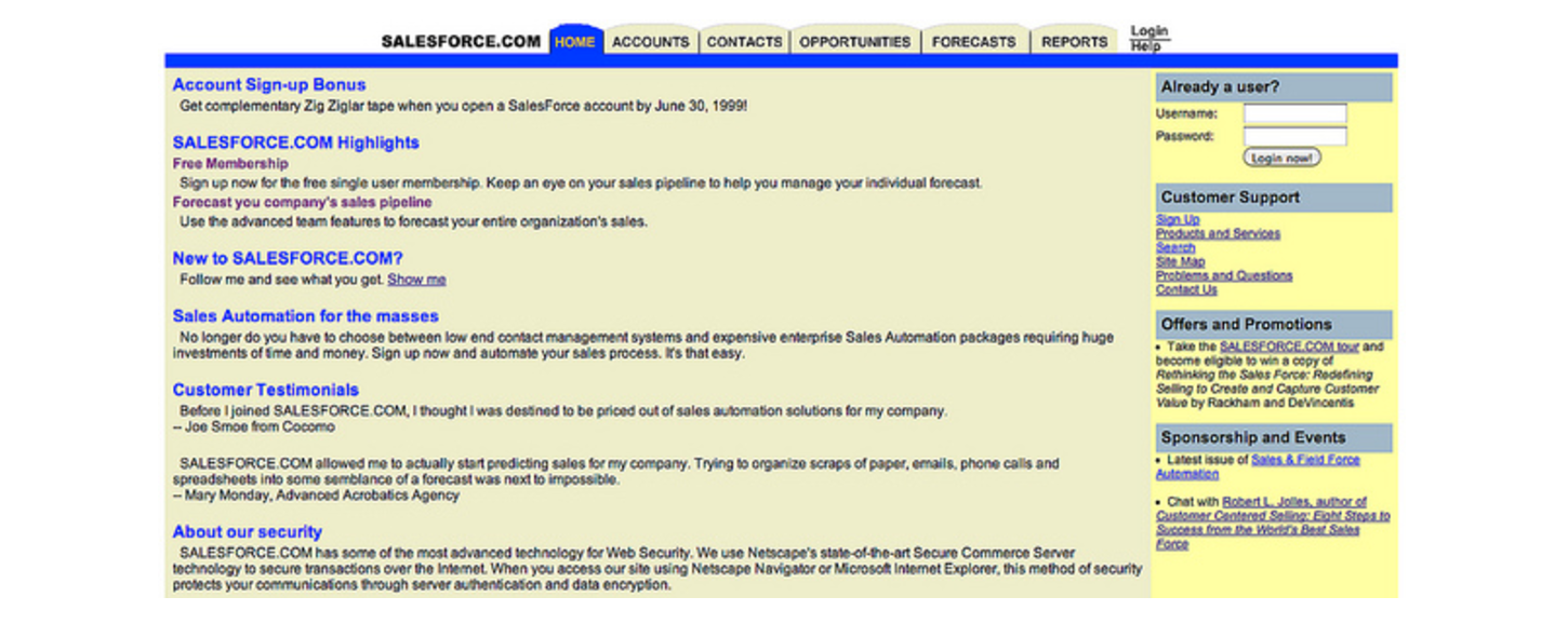 Interface du site Salesforce en 1999